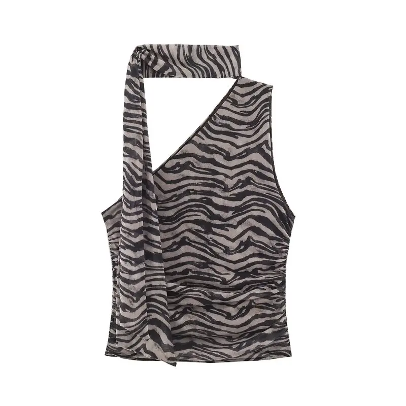 Asymmetric Animal Print Scarf Detail Top Sleeveless New Arrival Women's Fashion Autumn 2026 Early Season Collection