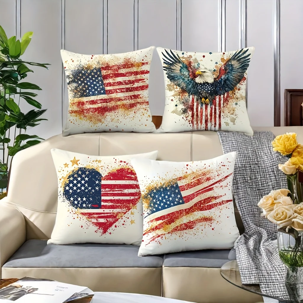 4pcs American flag and the eagle Single-sided printing Short plush Suitable living rooms bedrooms sofas (excluding pillow cores)