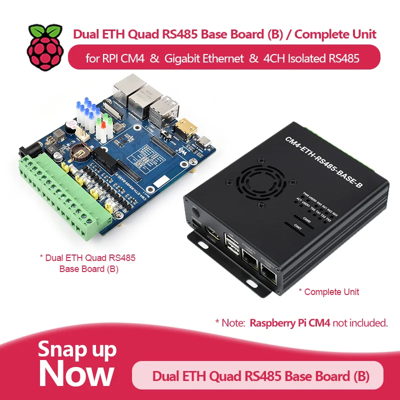 Dual Ethernet 4-Channel Isolated RS485 Base Board (B) / Optional Complete Unit, for Raspberry Pi CM4, Gigabit Ethernet, USB 2.0