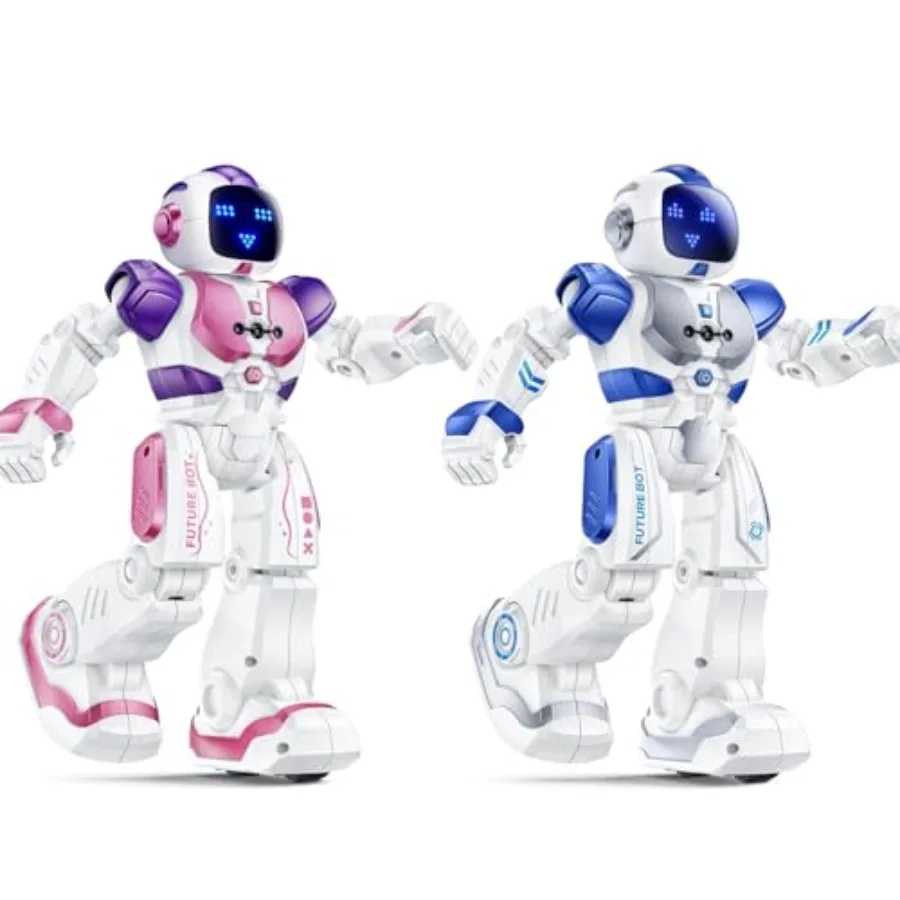 

Programmable robot toy for kids aged 3-6, ABS plastic, blue and pink, APP/remote/gesture control, rechargeable, interactive LED
