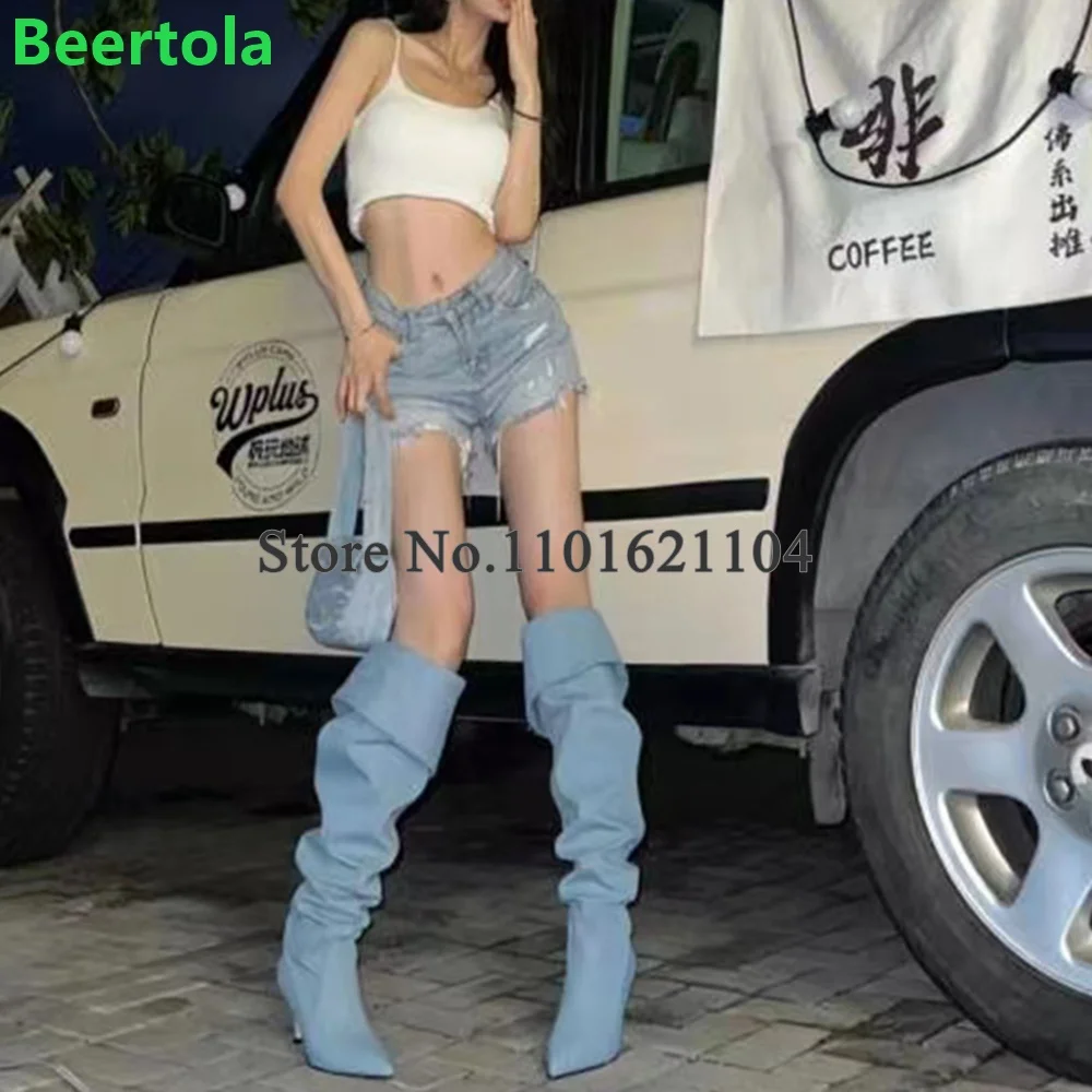 Thin High Heel Runway Pile Up Boots For Female Women 2024 New Arrivals Pointed Toe Slip-on Fashion Knee-high Solid Sexy Shoes