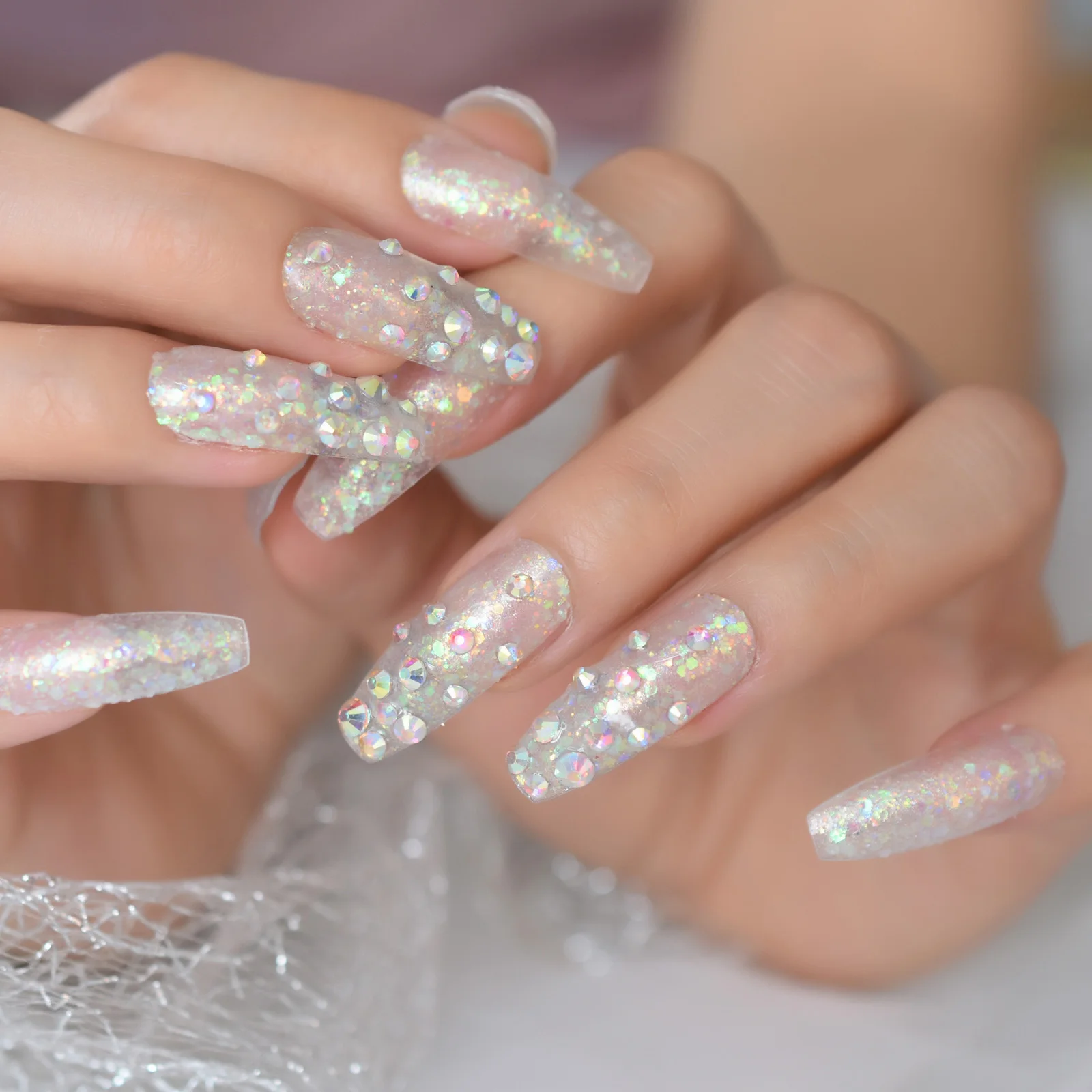 Colorido glitter cristal diamante bailarina francesa imprensa em unhas falsas caixão extra longo uv acrílico dedos falsos prego