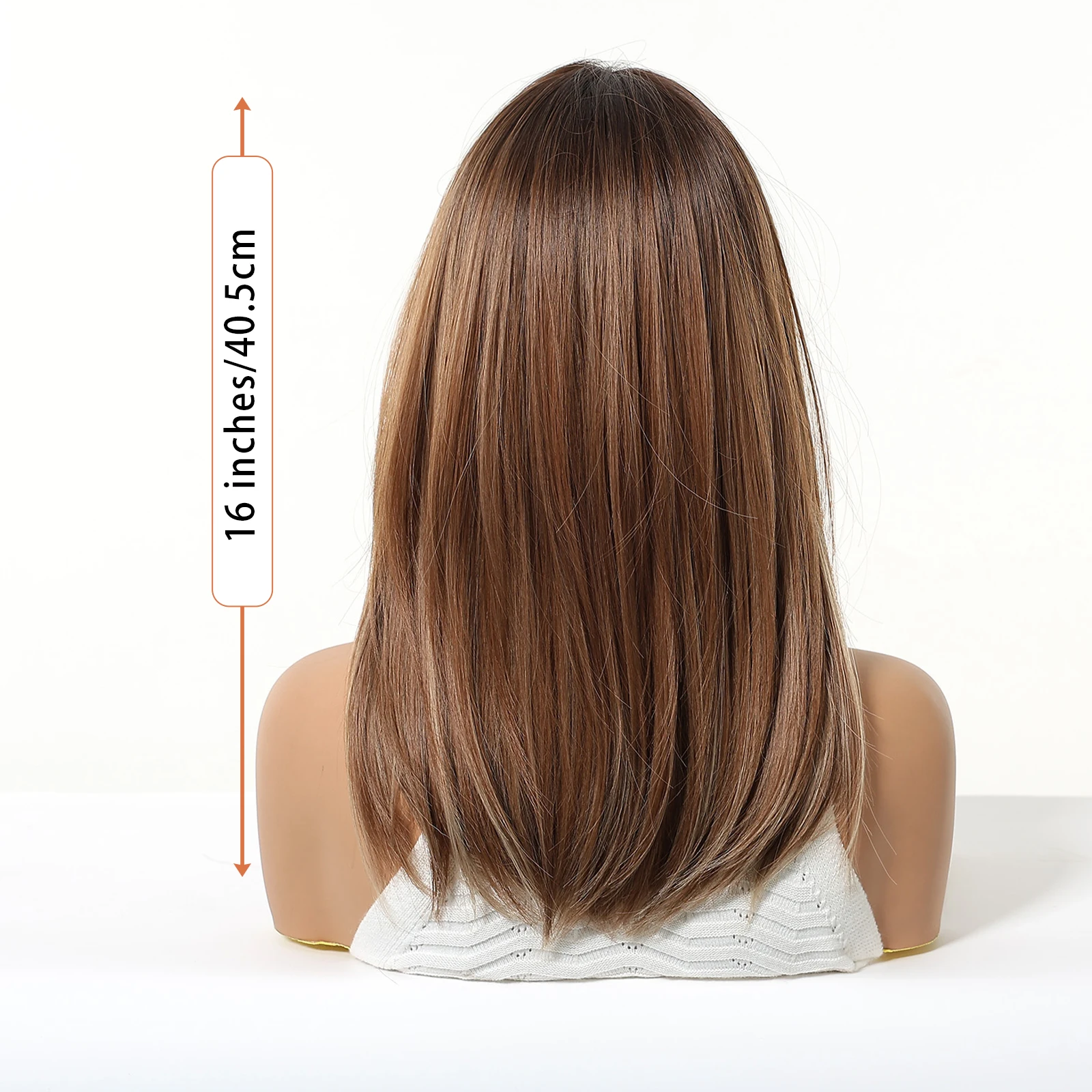 Short Layered Synthetic Wig Ombre Brown Medium Length Straight Natural Looking Hair Wig with Bangs Use Heat Resistant for Women