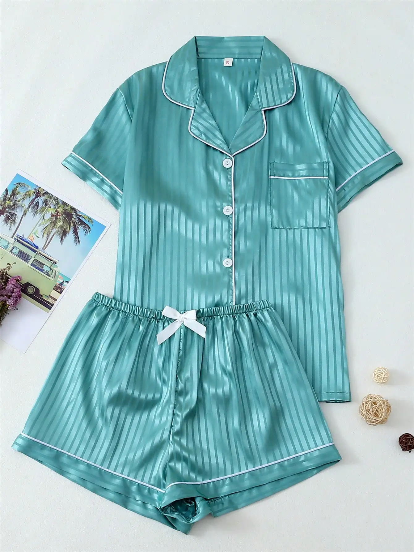 

Женский пижамный комплект из сатина с короткими рукавами, в полоску, с бантами на шортах, цвет бирюзовый