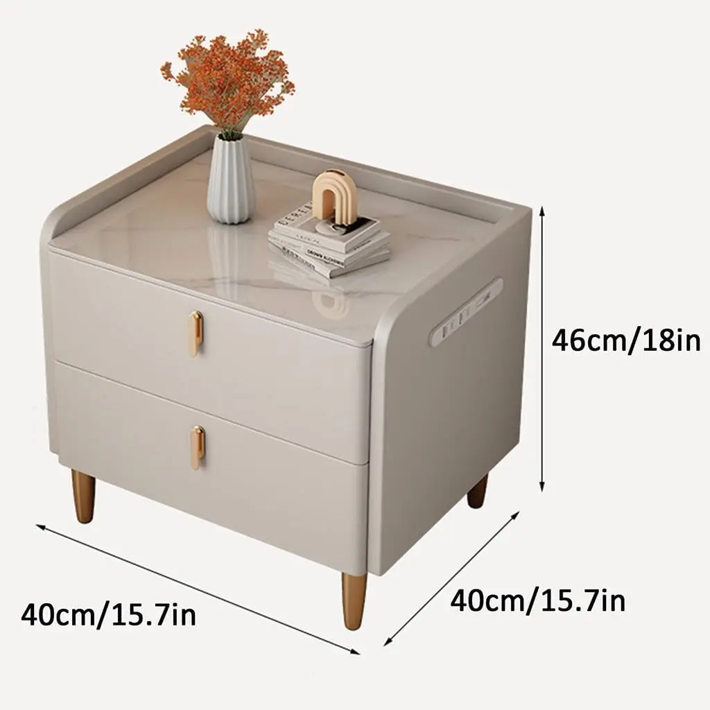 Bedside table with adjustable LED lights and charging station, bedroom with 2 drawers, dressing table size: 40cm/15.7 inches