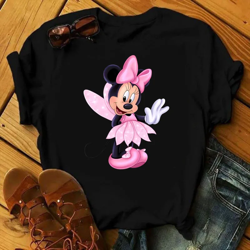 

2024 New Miinnie Mouse Tinker Bell Fashion Trend Disney Female T Shirt Casual Harajuku O Neck Ladies Y2k Harajuku Top Tshirt