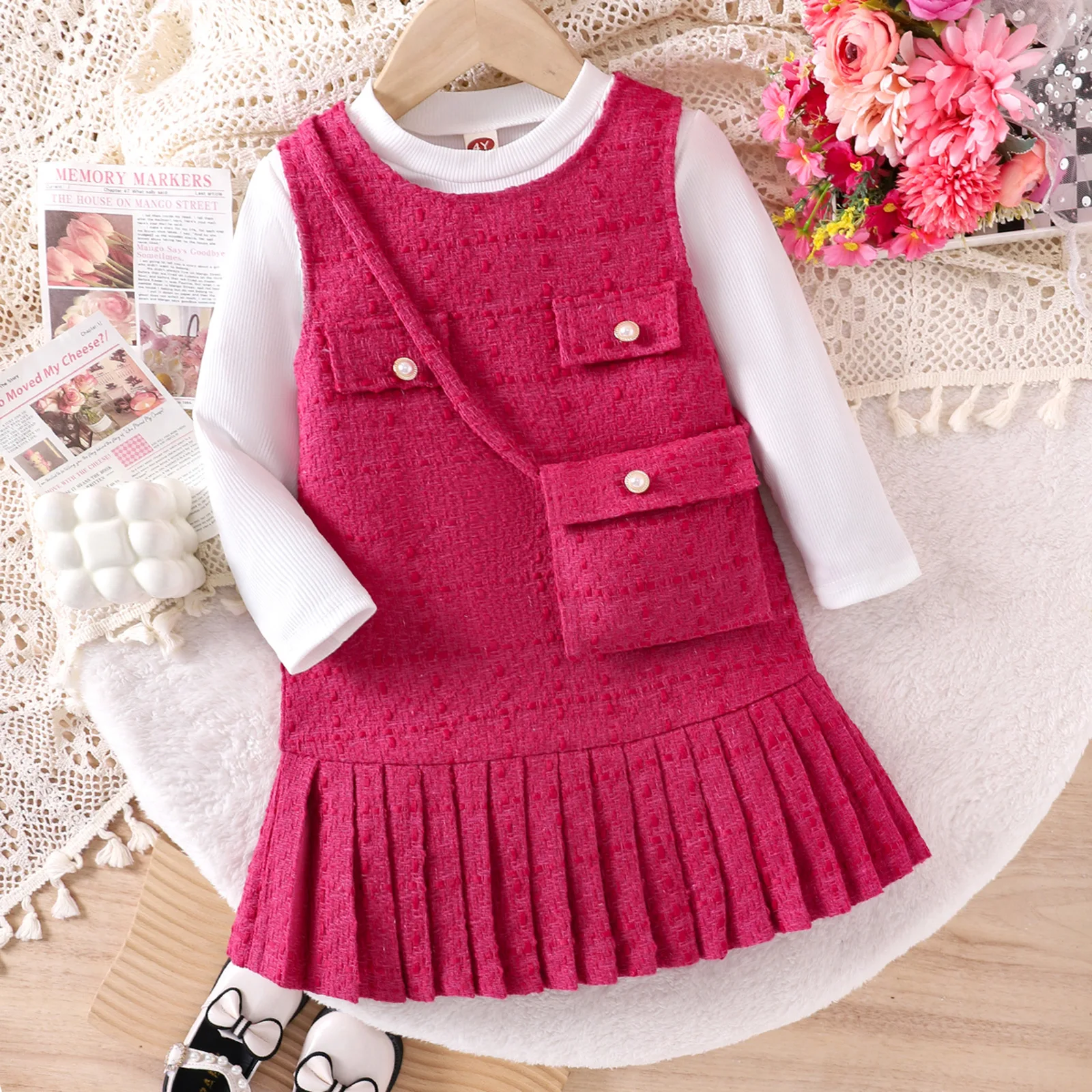 

Europe and the United States spring and autumn new tide model girls suit long-sleeved inner + pink dress with cross-body bag
