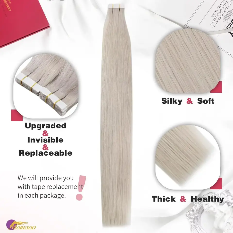 Moresoo Extensiones de Cabello con Cinta, Balayage, Cabello Humano Real Remy para Mujer, Invisibles y Sin Costuras, PU Skin Weft, Lacio 3