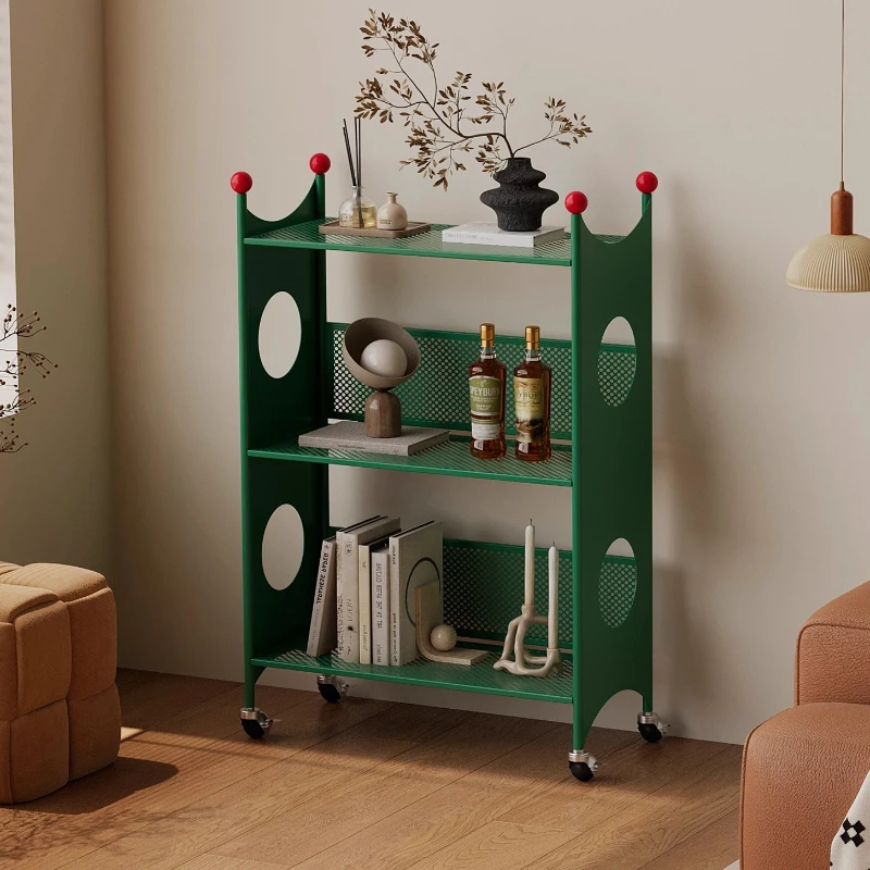 

Wrought iron movable small bookshelf, living room floor-to-ceiling children's storage rack, steel integrated with wheels