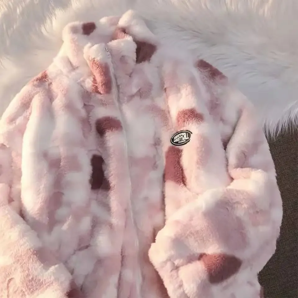 Faux Fur Coat Tie Dye Woman Winter Zipper Jacket Warm Thickening Loose And Comfortable Lamb Plush Fluffy Jacket Couples Dress