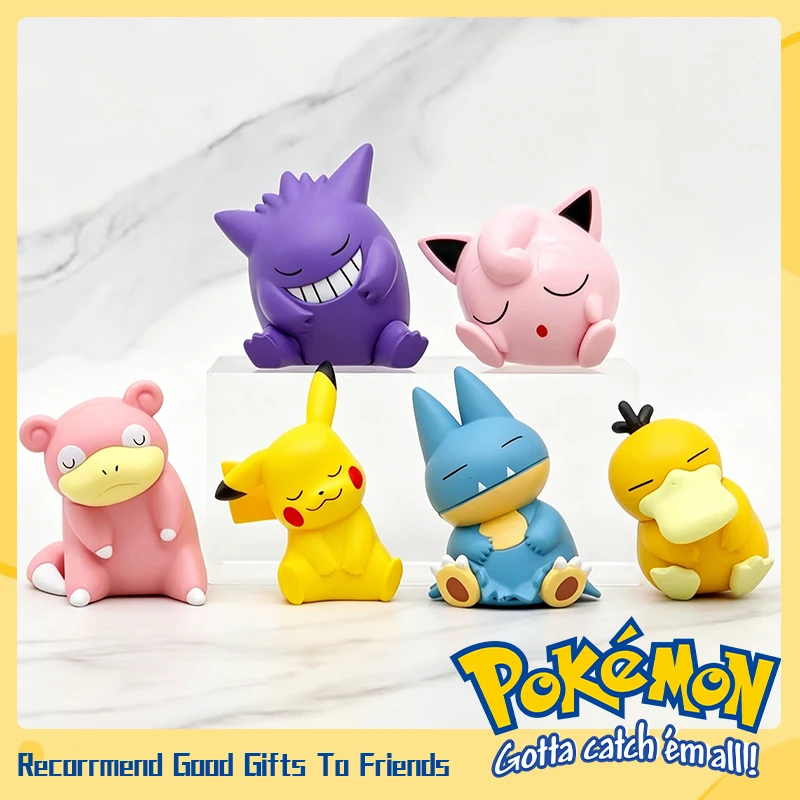 

Pokemon 6pcs/set Pikachu Psyduck Gengar Jigglypuff Gonbe Slowpoke Cute Sleeping Model Doll Action Figure Toys Gift for Kids