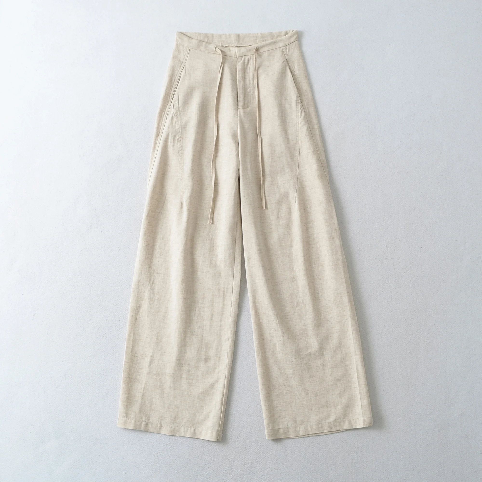 Summer Women Apricot Linen Wide Leg Pants Rope Drawstring Waist Loose Casual Floor Length Trousers Pants