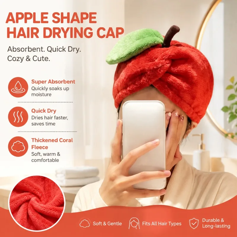 Hair Drying Cap for Women, Cute Apple Shape Shower Cap, Coral Fleece Towel Bath Hat, Super Absorbent Quick Dry, Thickened