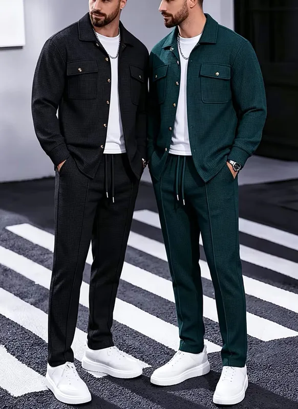 Men's Spring and Autumn Hot Style New Solid Color Button Pocket Shirt Long Sleeve Long Pants Two Piece Set