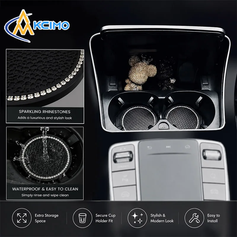Universal Auto Cup Holder Mat 2 Pack, Rhinestone Decor Waterproof Non-Slip Silicone Car Interior Coaster