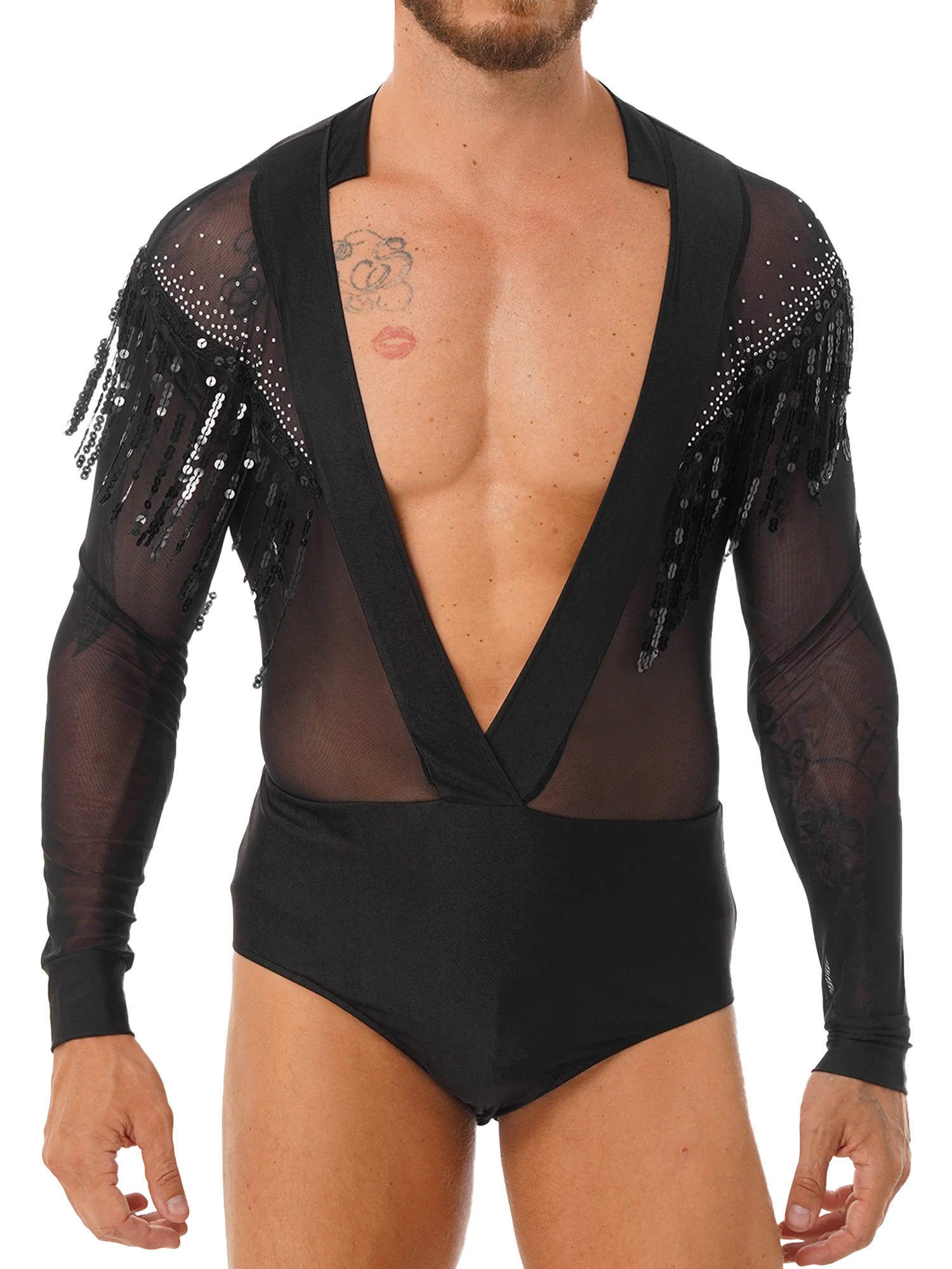 Mens Deep V Sheer Mesh Bodysuit Ballroom Latin Dance Performance Costume Shiny Rhinestone Sequin Tassel Leotard Dancewear