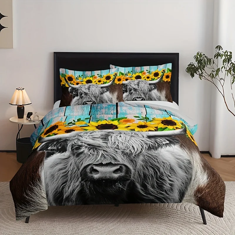 Soft and Comfortable Highland Cow Sunflower Print Duvet Cover Set for Bedroom Guest Room Includes Duvet Cover and 2 Pillowcases