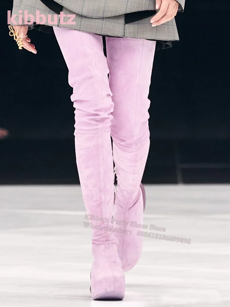 

Замшевые подиумные ботинки выше колена с эластичным квадратным носком на танкетке, однотонные осенне-зимние боковые молнии, модный дизайн, роскошная сексуальная обувь