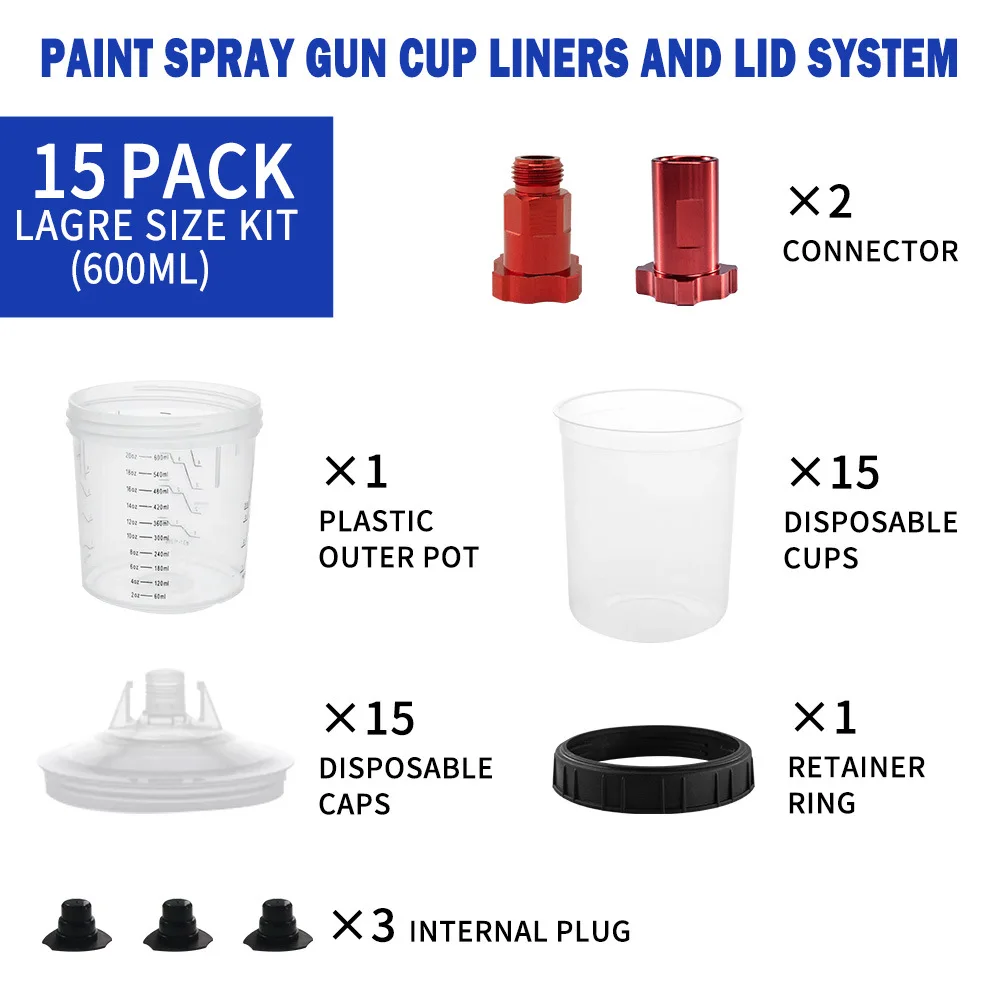 15 Piece Set of Disposable Graduated Paint Cup, Paint Adapter, Spray Gun, Paint Mixing Cup, Replaceable, No Cleaning Paint Pot