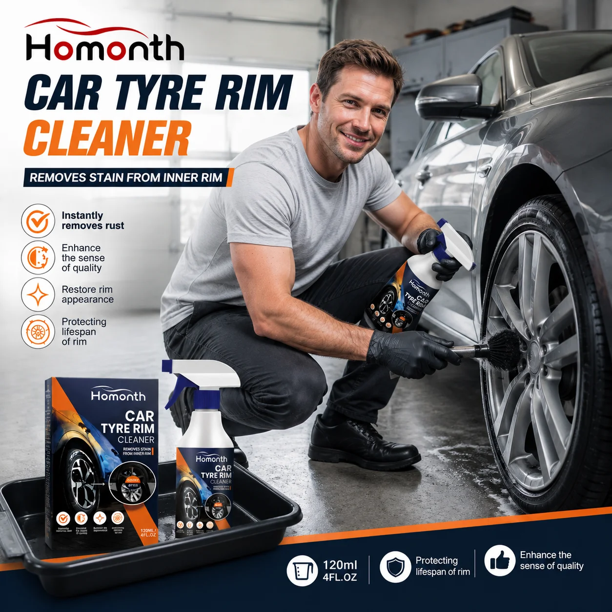 Homonth Car Tyre Rim Cleaner Restore Wheel Shine Powerful Decontamination Car Daily Maintenance Auto Rim Stain Remover 120ml