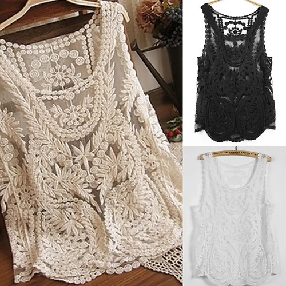 

Women's Sleeveless Lace Tank Top Sexy Embroidery Hollow-out Floral Crochet Shirt Crochet T-Shirts For Women Lace Tee Shirt