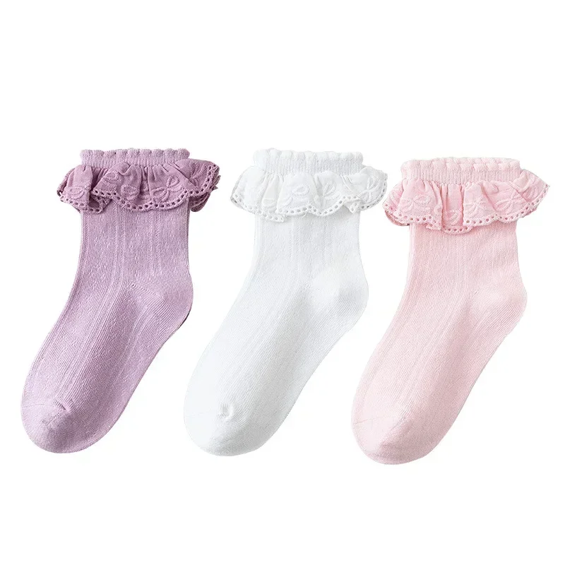 3 Paar Kinder Mädchen Socken Prinzessin Rüschen Einfarbig Wadensocken für Baby Mädchen Frühling Herbst Baumwolle Weiche Rüschen Kinder Mädchen Socke