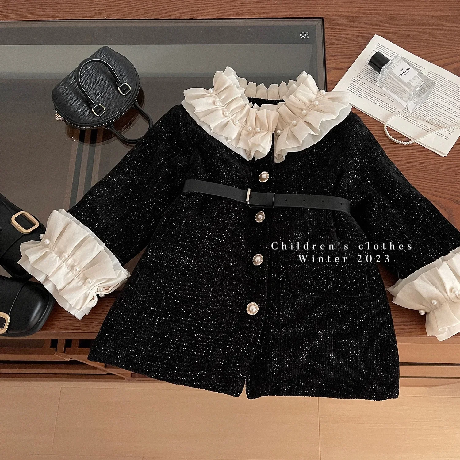 

Girls Dress 2024 Winter New Korean Girls Black Waist Cinched Long Jacket Girls Cute and Elegant Long Dress