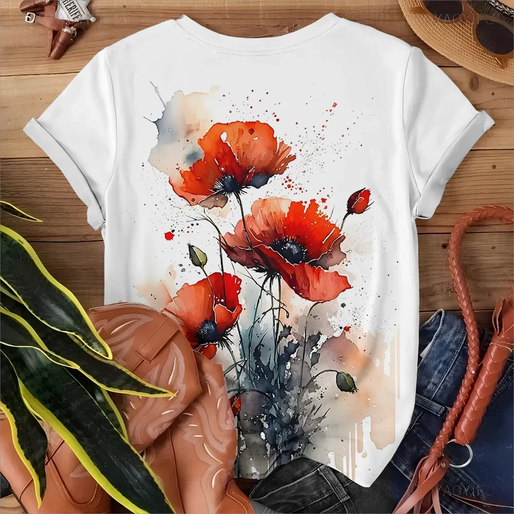 T-shirt da donna con stampa 3D per ragazze, strada, acquerello, fiore rosso, arte, tempo libero, moda, ampia e confortevole, manica corta estiva Y2K
