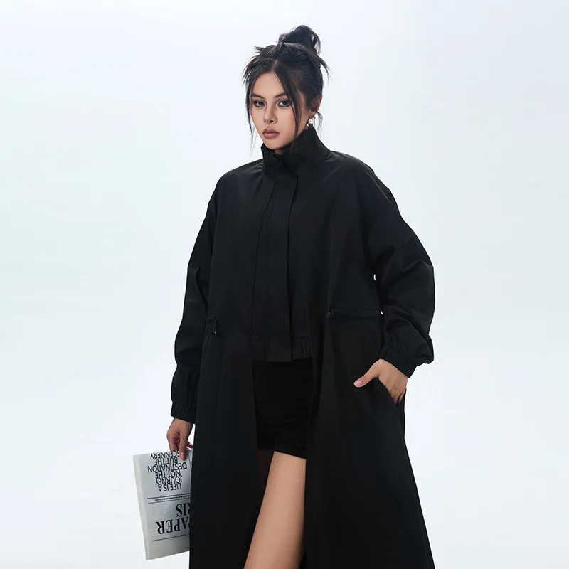 Women Work Irregular Trench Coats Maxi Long Jacket Full Sleeves Stand Collar Zipper Loose Fit Elegant Casual 2025 Autumn Winter