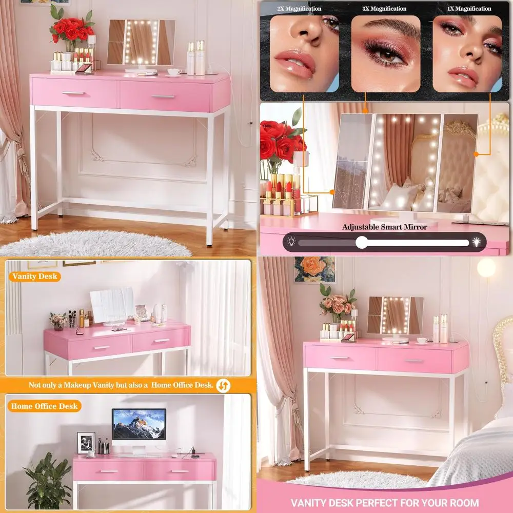 

Розовый туалетный столик 36 в 1 с зеркалом, подсветкой и розеткой для спальни