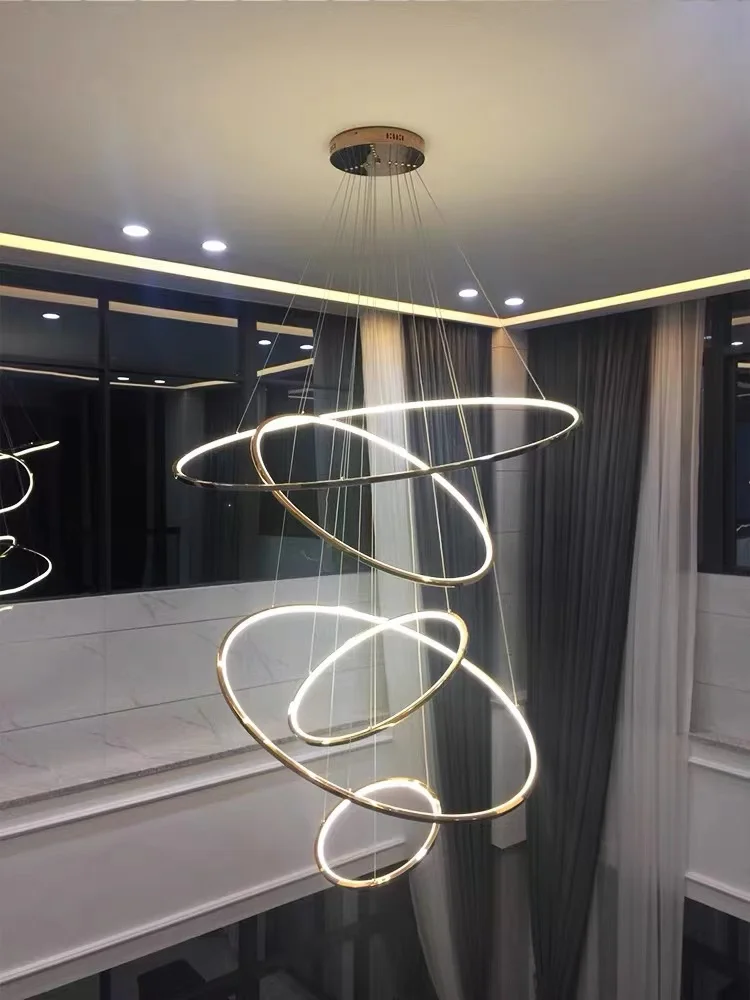 Ring LED chandelier dining room bedroom duplex floor living room large chandelier staircase loft stainless steel chandelier