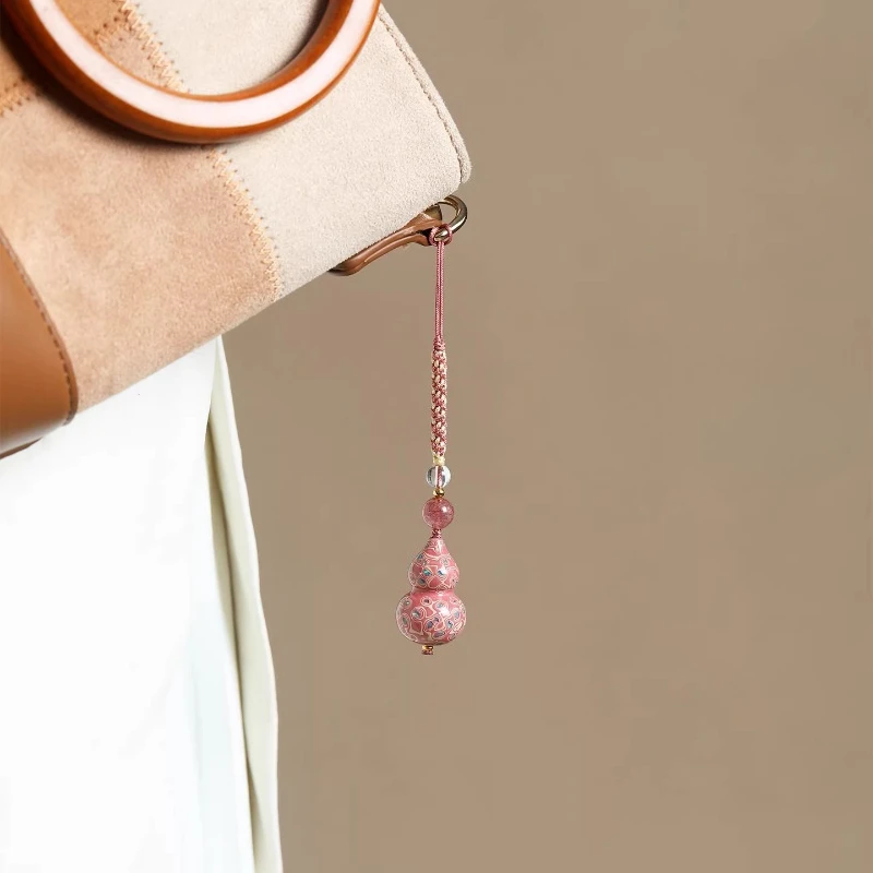 

Handmade Ebony Wood Gourd Pendant Inlaid with Opal Black Lacquer Art Phone Charm Woven Keychain Bag Ornament Gifts