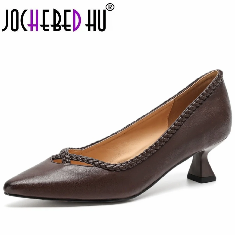 JOCHEBED HUHandmade Genuine Leather Soft and comfortable Pointed Toe Mid Hells Single Women's Unique Design Personality 34-40