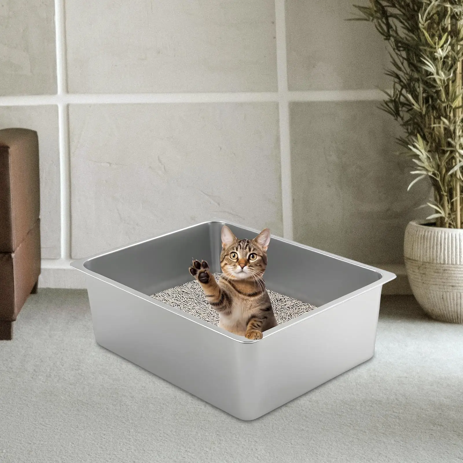 Stainless Steel Cat Litter Box with High Sided Portable Kitten Litter Pan Cat Toilet Sand Box Container for Rabbits Litter Pan