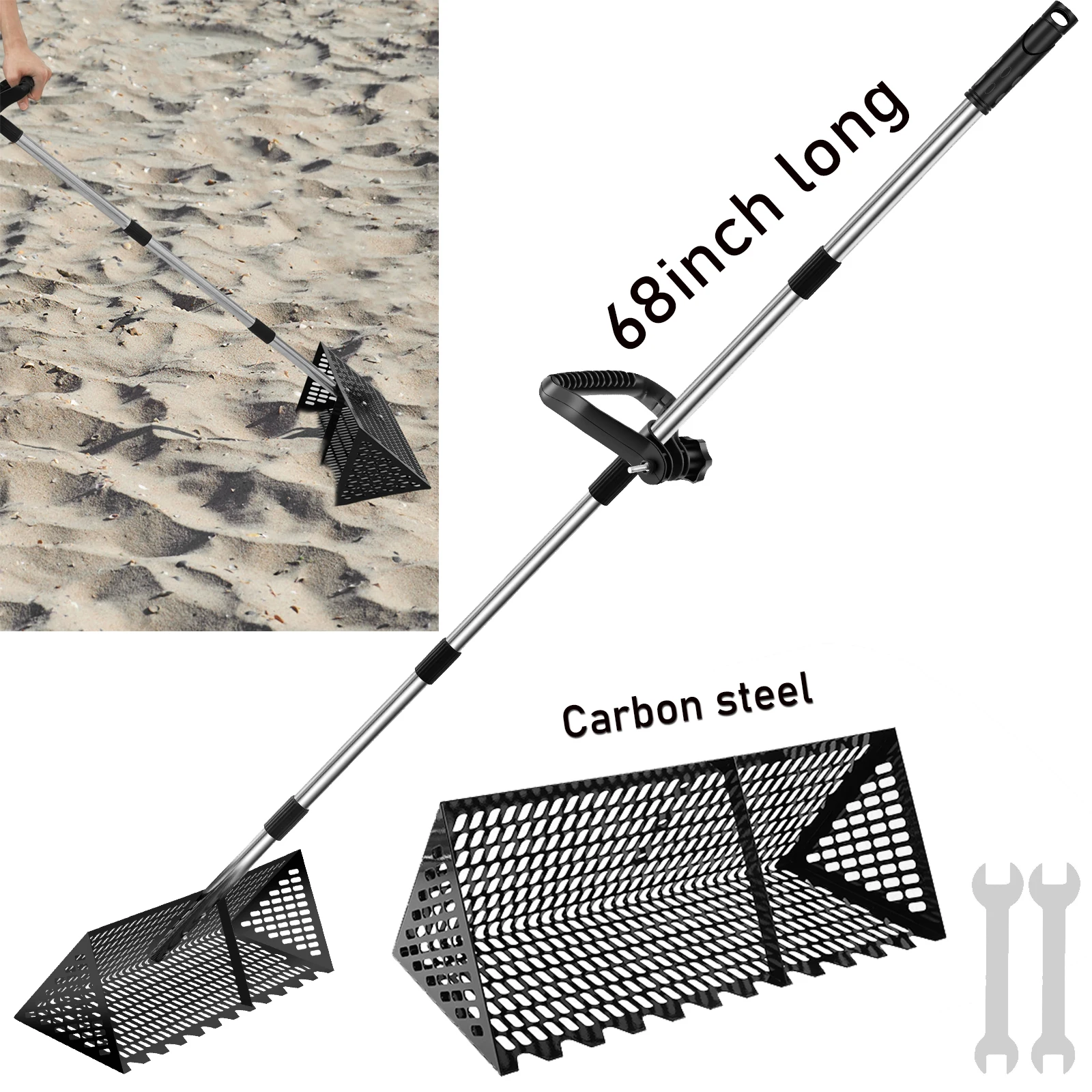 

68inch Sand Flea Rake Sand Sifter Carbon Steel Shark Tooth Sifter with Detachable Handle Bar for Beach,Sand Crab Catcher Finding