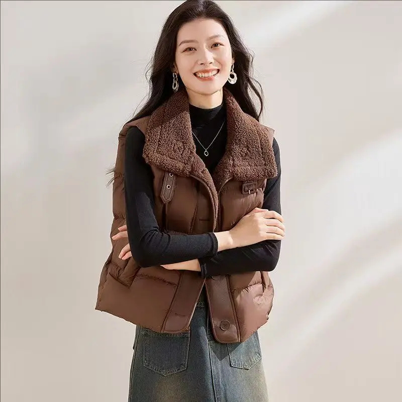 

Утепленный жилет с воротником из овечьей шерсти, женская верхняя одежда, стеганая куртка большого размера из хлопка и полиэстера, укороченная, для повседневной носки