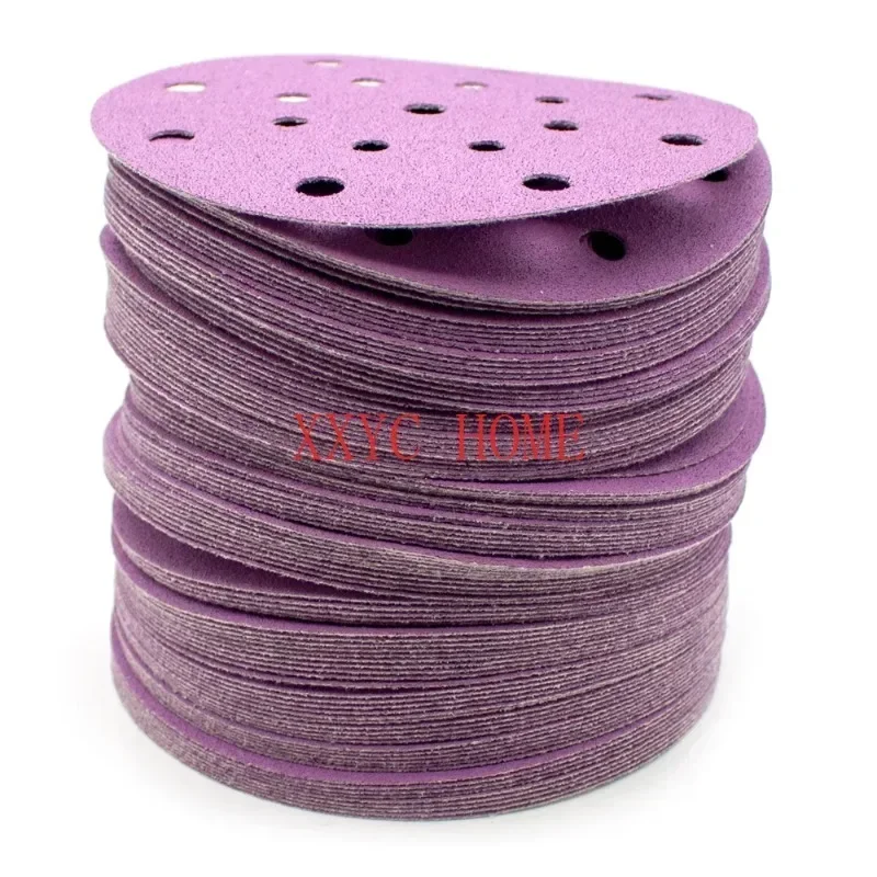 100Pcs 6 Inch 17 Hole Disc Sandpaper Self Adhesive Purple Sand Paper Diameter 150MM