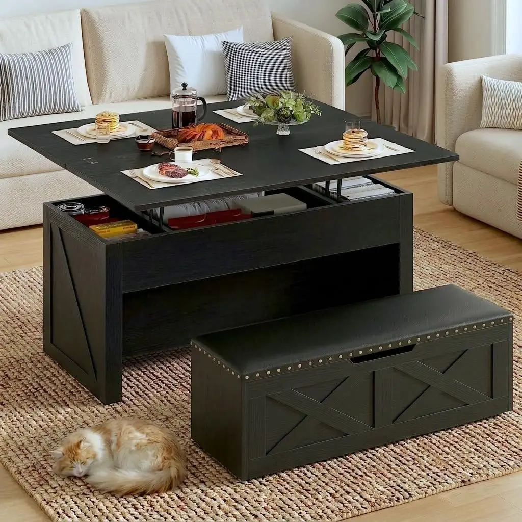 4-in-1 Lift Top Coffee Table with Bench, Convertible Center Table with Hidden Storage, Open Shelves & Rolling Seat
