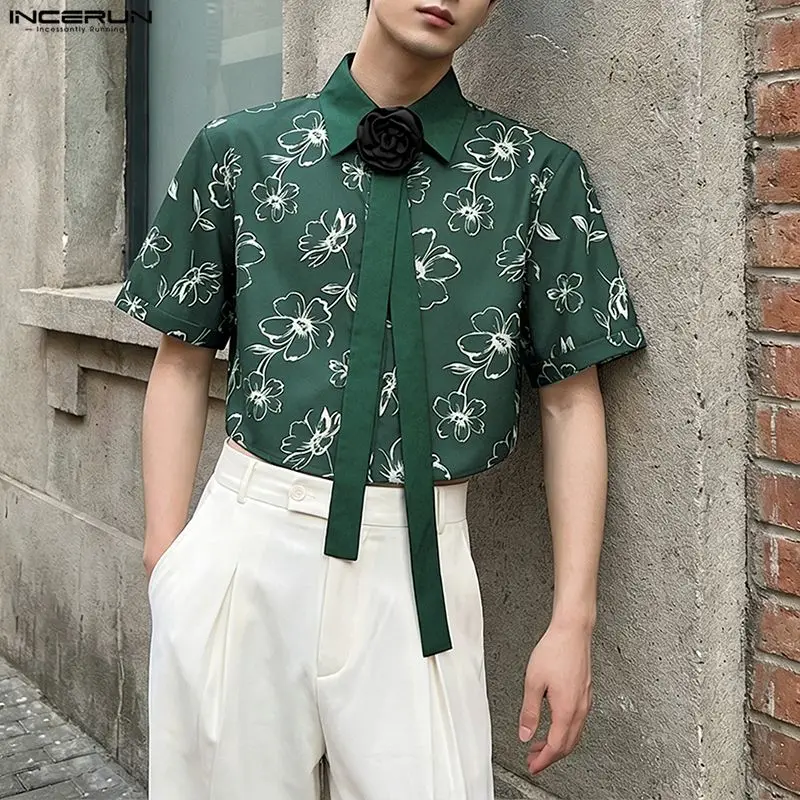 INCERUN Men's Shirt Flower Printing Lapel Short Sleeve Lace Up Crop Tops Shirts For Man Streetwear Summer Fashion Casual Camisa