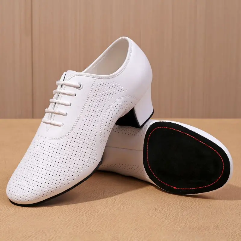 White Leather Shoes Perforated Men Modern Shoes for Ballroom Dancing Two-Point Bottom Latin Dance Shoes Square Dance Sneakers