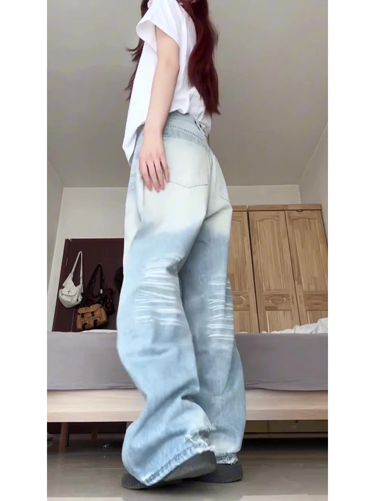 하이웨이스트 와이드 레그 아메리칸 웨이드 디스트레스드 데님 진 여성 가을 겨울 루즈 스트레이트 컷 롱 팬츠 여성용 청바지