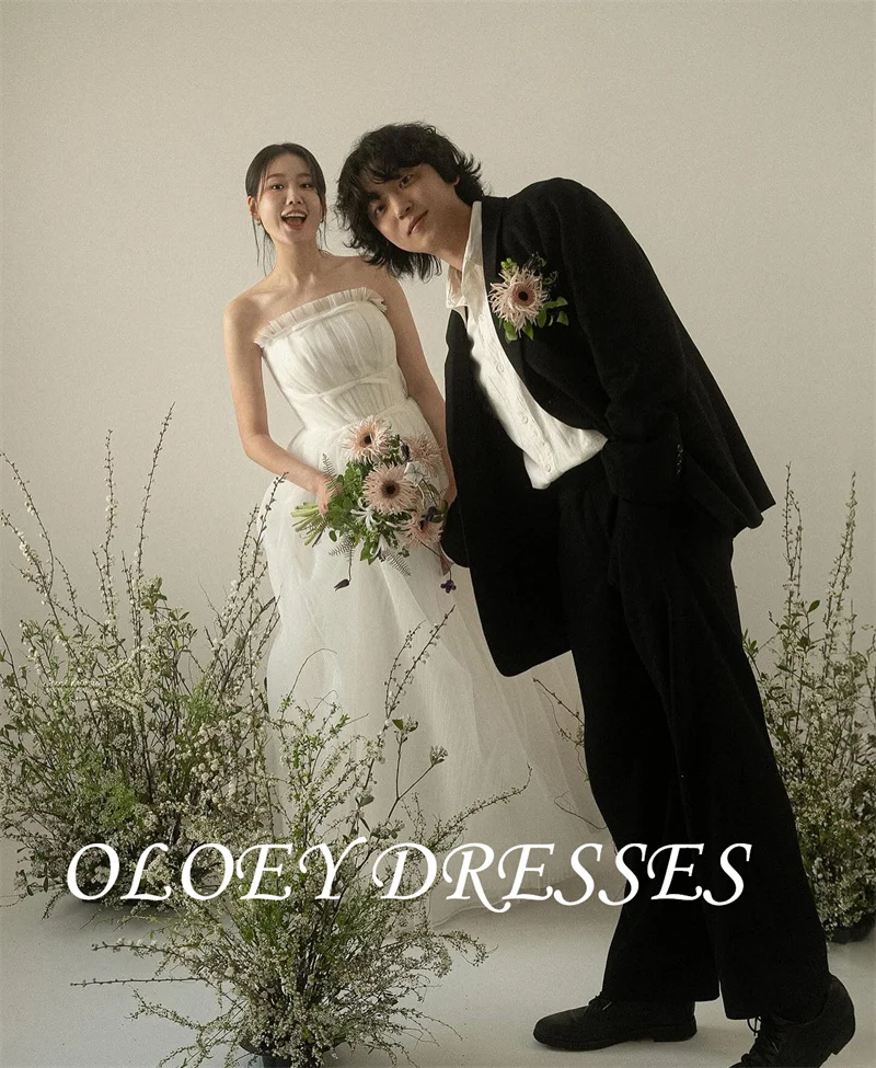 OLOEY 웨딩드레스 Strapless Tulle A Line Wedding Dresses Korea Photo shoot Floor Length Fairy Bridal Gowns Corset Back Customized
