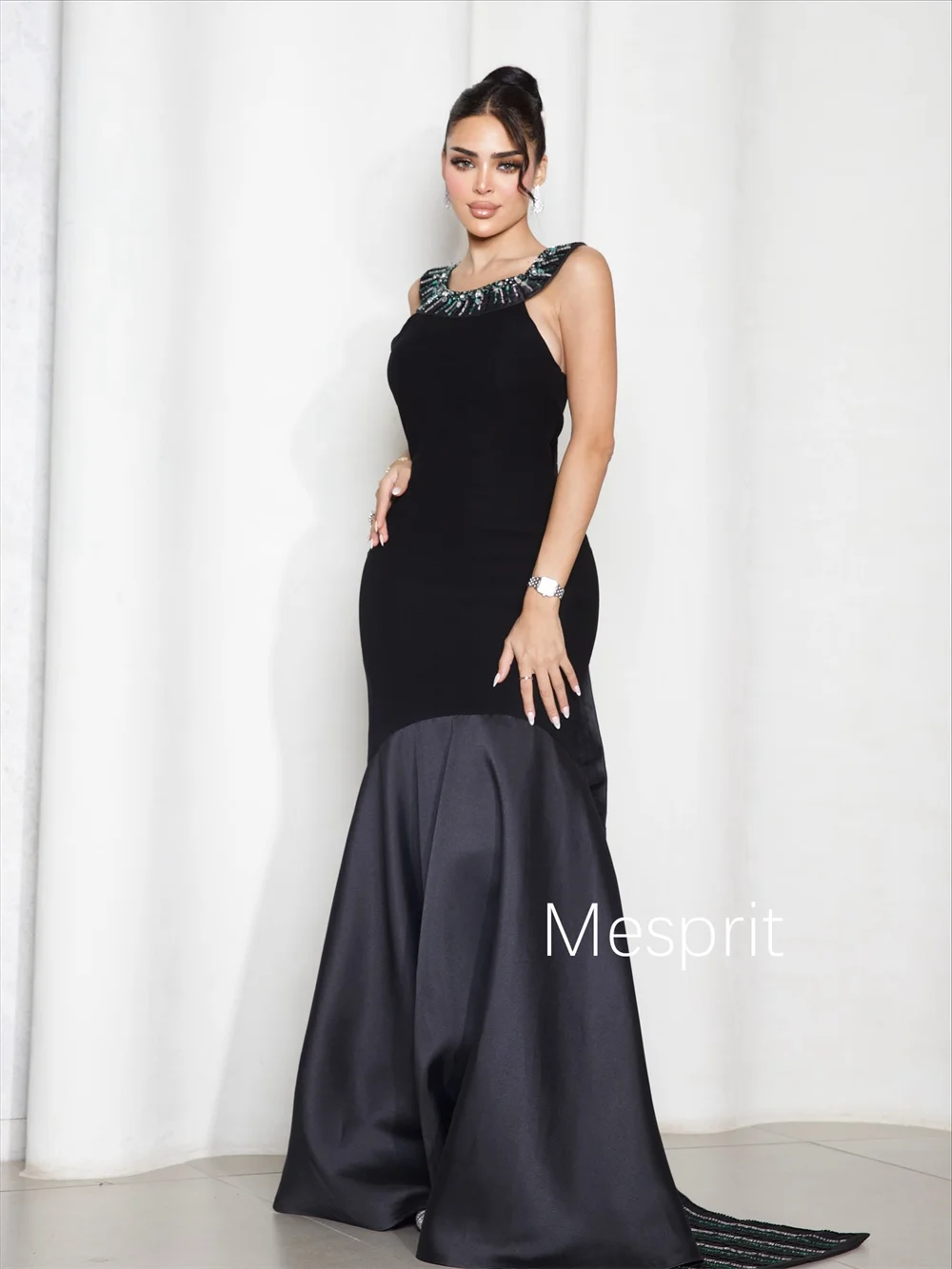 Maßgeschneiderte lange Kleider aus Pastrol-Jersey mit Faltenmuster und Pailletten, Meerjungfrau, U-Ausschnitt, maßgeschneiderte Anlässe, Abendmode