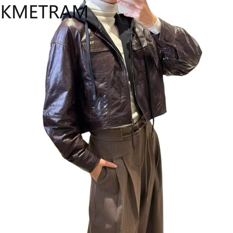 Куртка из натуральной овчины KMETRAM, женская, с капюшоном, в корейском стиле, короткая мотоциклетная куртка, осенняя коллекция 2026, женская одежда, кожаная куртка