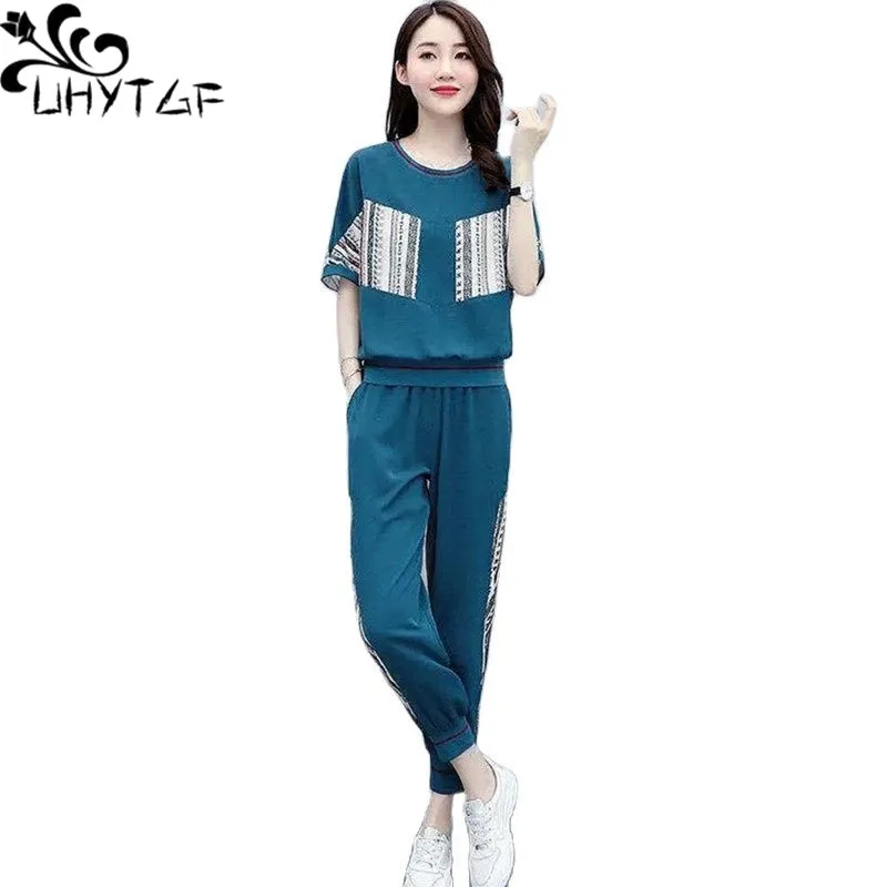 

UHYTGF Tracksuit Womens 2022 Fashion Female Summer Two-Piece Set Short Sleeve T-Shirt Top+Pants Casual Ladies Loose Size Suit 18