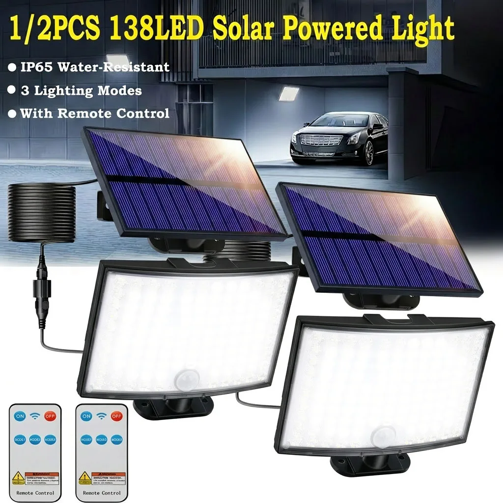 

1/2PCS 138LEDs Solar Lights For Outdoors With Motion Sensor, Split Panels Solar Security Lighting With 3 Modes And Remote Control, IP65 Waterproof, 270° Wide Angle, Suitable For Garden, Yard, Patio, Garage, Street, And More, Solar Outdoor Lights