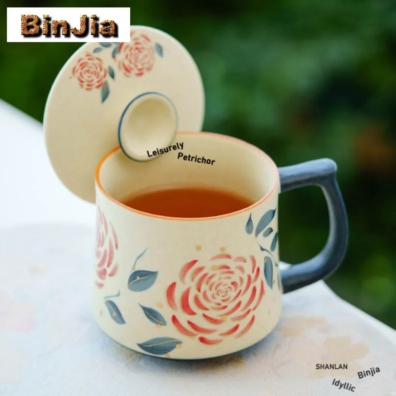 310ml Hand Painted Rose Filter Tea Separator Cup Antique Tea Mug With Infuser Handgrip Cups Tea Making Office Water Cup Craft