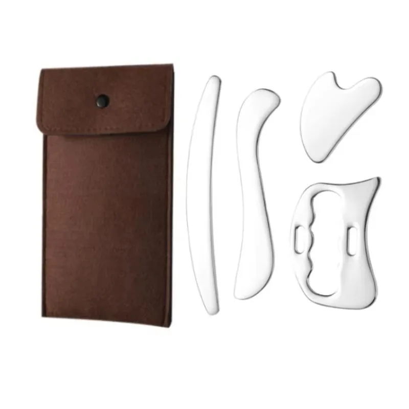 Stainless Steel 4 In 1 Gua Sha Set Ergonomic Scraping Tools Facial Lymphatic Massage Kit With Storage Pouch