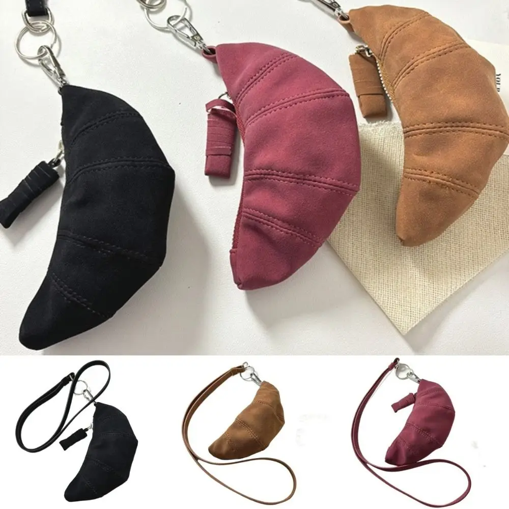 Suede Hanging Neck Wallet Croissant Card Holder Sweater Chain Solid Color Korean Style Lipstick Earphone Pouch Girls/Female