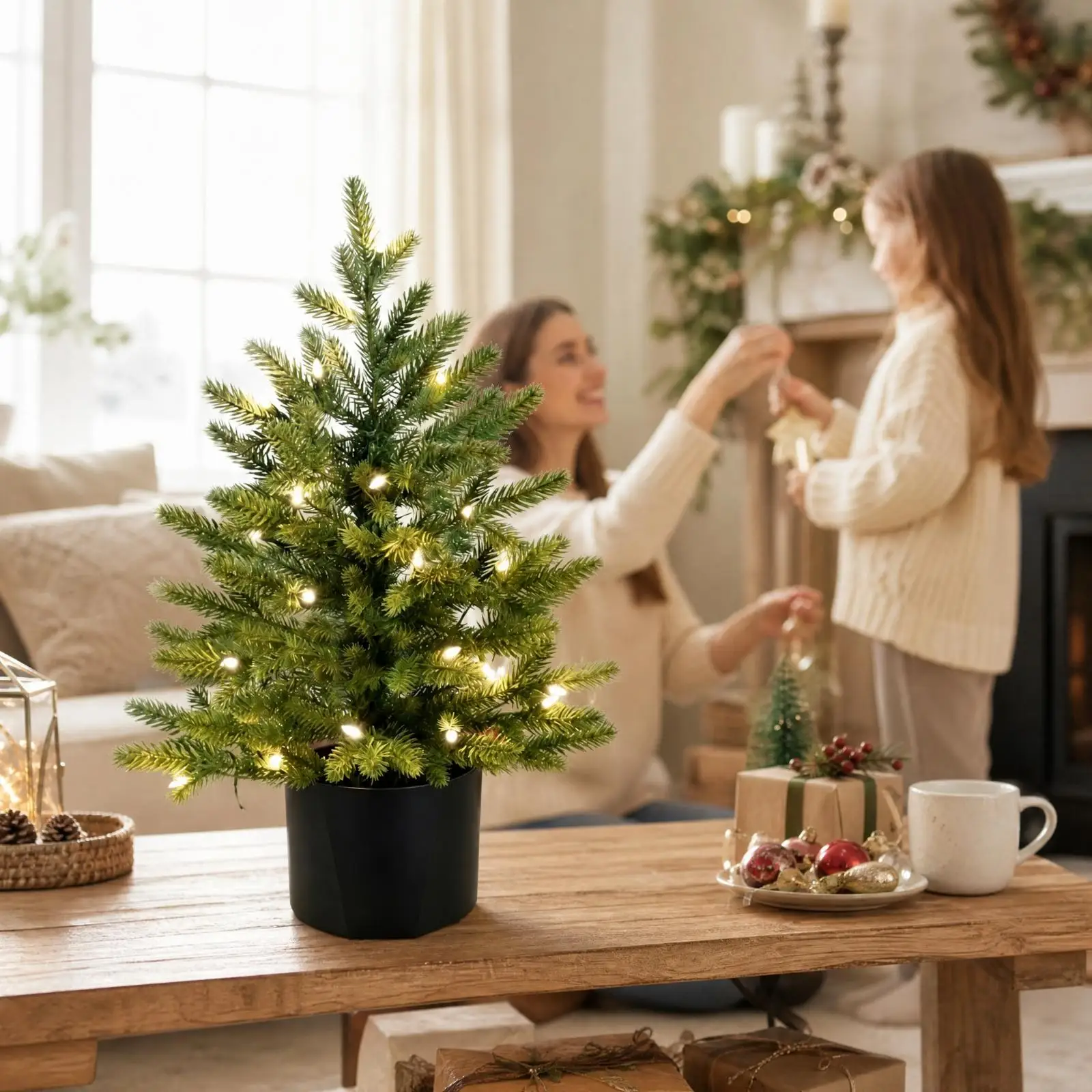 Artificial Festival Tree with Tiered Branches and Planter Pot for Indoor Use Living Room Dining Area Corporate Space Seasonal